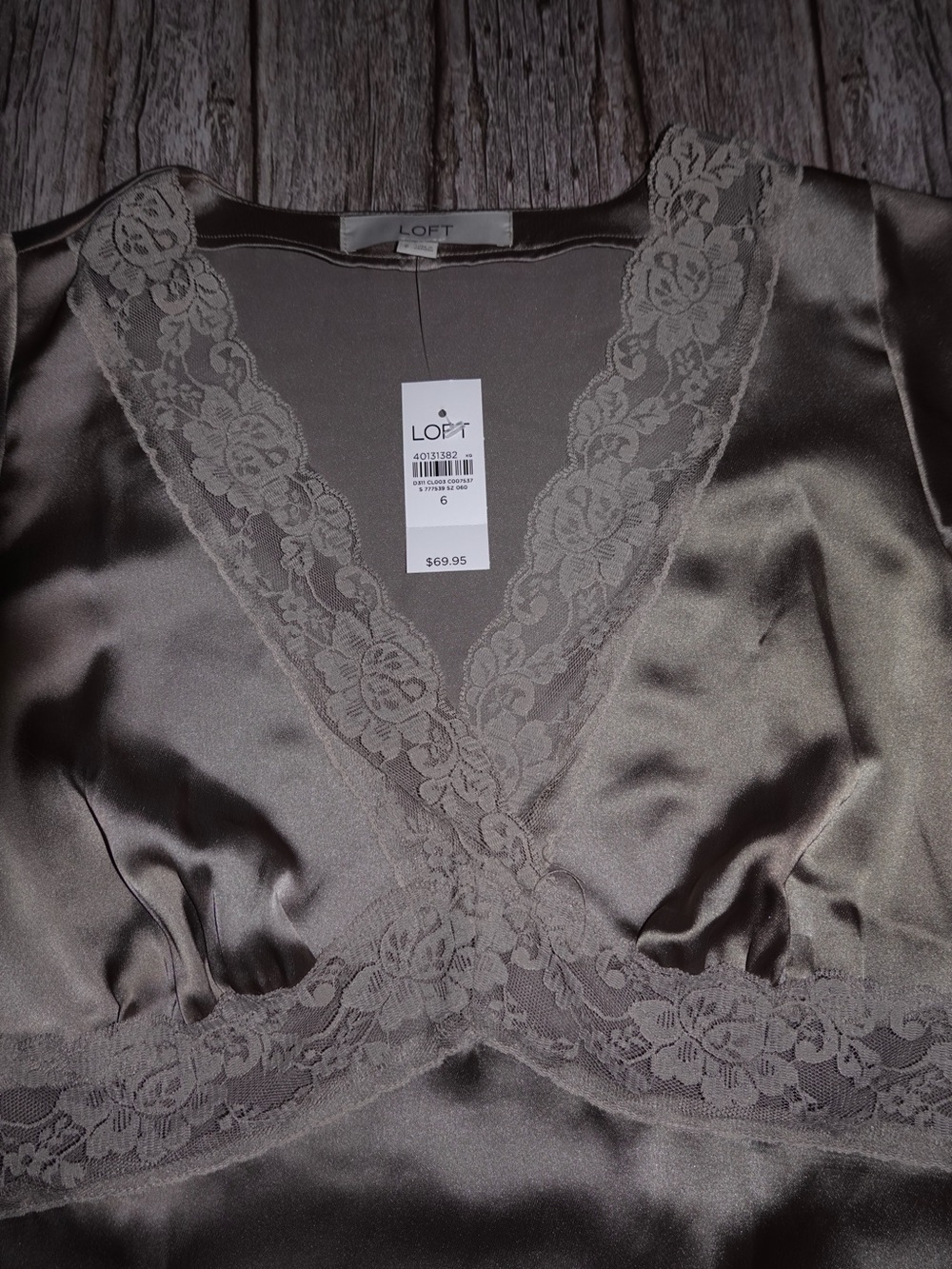 LOFT Satin Lace-Trim V-Neck Top — Taupe - Picture 2 of 5